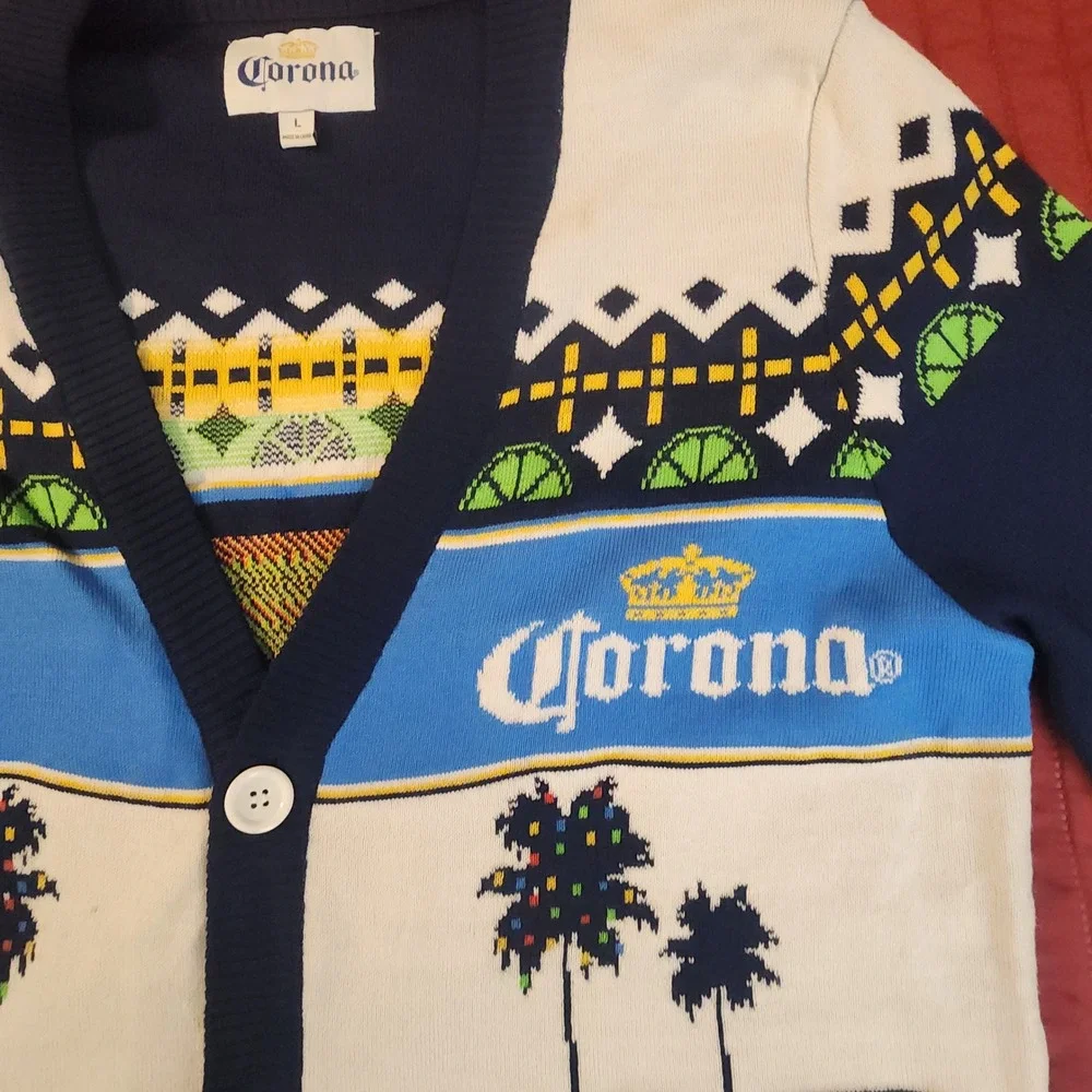 Corona Extra Feliz Navidad Ugly Christmas Sweater Cardigan Mens Large Blue White